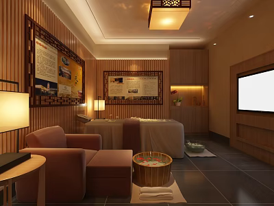 Relaxing SPA Sauna Interior With Wooden Decor Massage Beds TV And Cozy Sofa 3d model