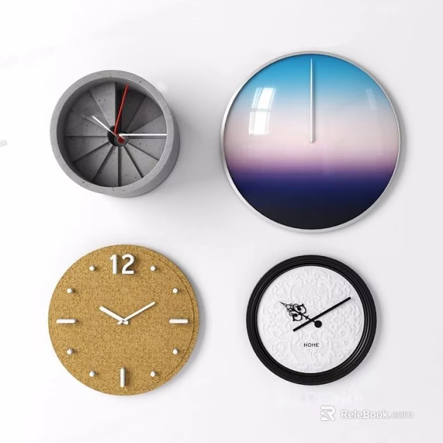 Modern Wall Clocks Collection Featuring Gradient Dial Cork Surface and Decorative Patterns 3d model 