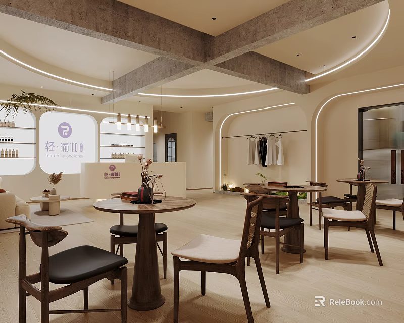 Serene Yoga Studio Interior Design With Wooden Tables Chairs And Clothing Rack Decorative Plants 3d model 