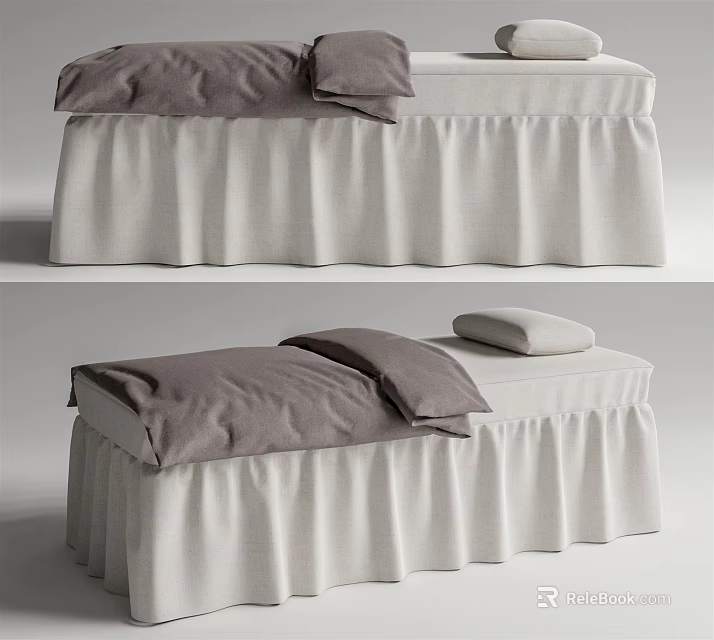 Modern Massage Bed with White Bed Skirt Gray Sheets and Pillow 3d model 