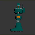 Green Metallic Robot Character With Orange Joint Rings And Red Chest Logo
