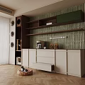 Modern Wooden White Sideboard With LED Lighting Decorative Shelves And Textured Wall