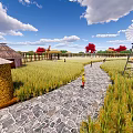 Scenic Rice Field With Stone Path Wooden Deck Colorful Trees And People Near Buildings
