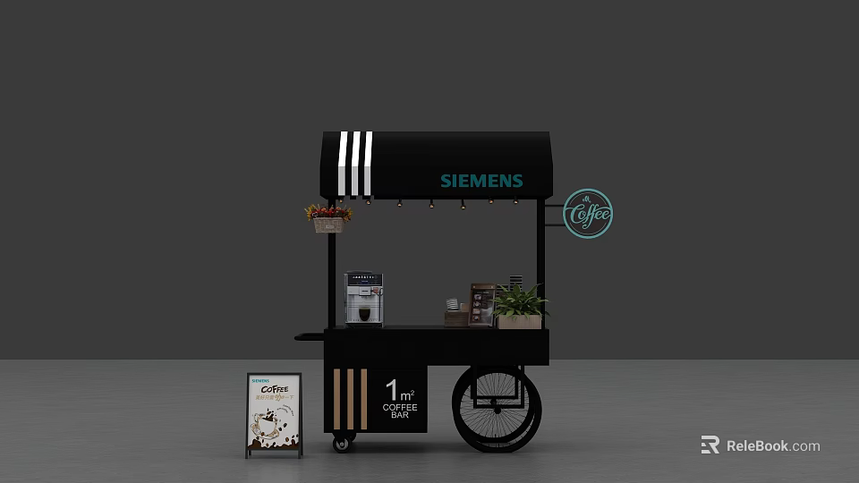 Siemens Coffee Cart Black Design With 1st Coffee Sign Coffee Machine And Plants 3d model 