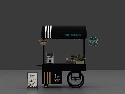 Siemens Coffee Cart Black Design With 1st Coffee Sign Coffee Machine And Plants 3d model