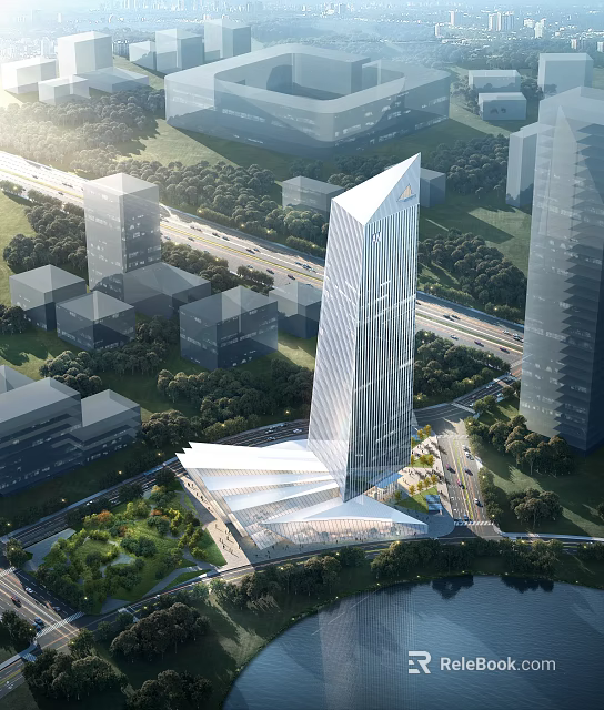 Modern Glass Facade Skyscraper In Urban Area With Surrounding Buildings And Greenery 3d model 