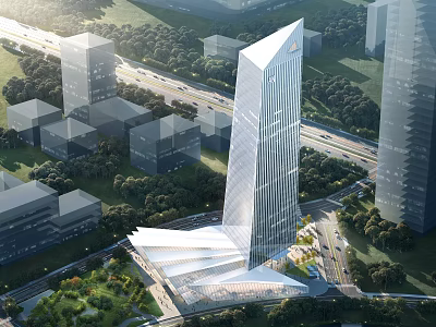Modern Glass Facade Skyscraper In Urban Area With Surrounding Buildings And Greenery 3d model