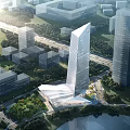 Modern Glass Facade Skyscraper In Urban Area With Surrounding Buildings And Greenery