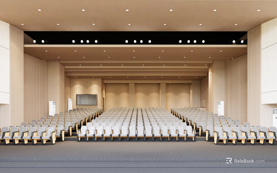 Spacious Conference Room With Wooden Walls Rows Of Seats Projection Screen And Ceiling Lights 3d model 