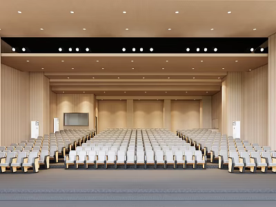 Spacious Conference Room With Wooden Walls Rows Of Seats Projection Screen And Ceiling Lights 3d model