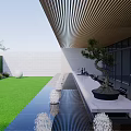Modern Garden Landscape Design With Lush Hedge Stone Wall Lighting Trees And Water Reflection