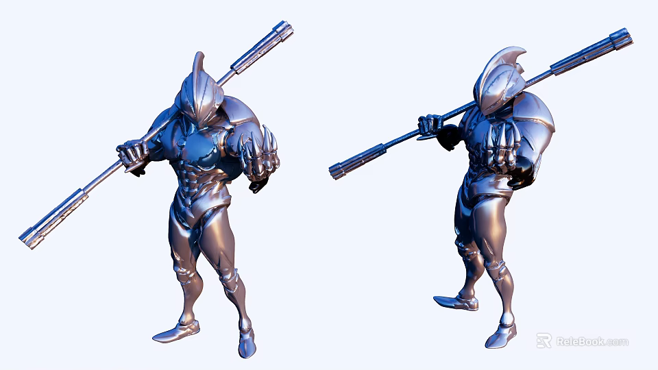 3D Modeled Silver Warrior Sculpture Carving With Spear And Muscular Armor 3d model 