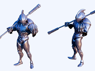 3D Modeled Silver Warrior Sculpture Carving With Spear And Muscular Armor 3d model