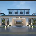 Modern Hotel Entrance Exterior Architecture With Central Fountain Walking Person And Lighting