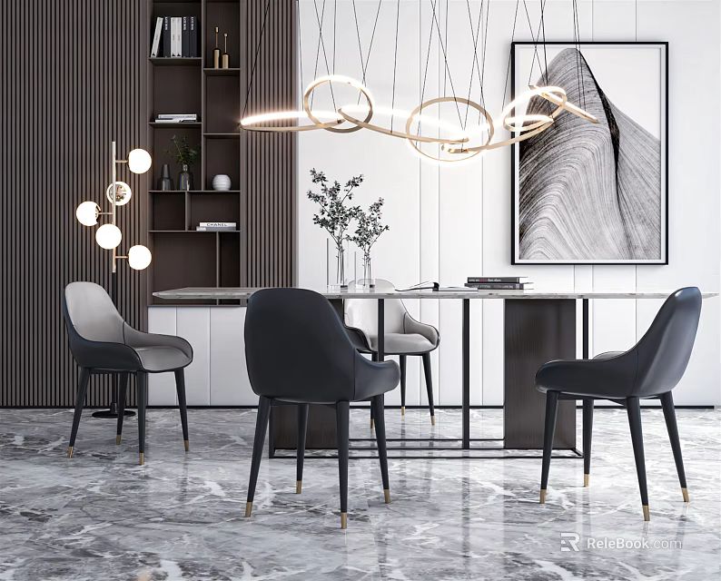 Modern Dining Table Set With Black Chairs Circular Pendant Lights And Marble Floor 3d model