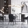 Modern Dining Table Set With Black Chairs Circular Pendant Lights And Marble Floor 3d model