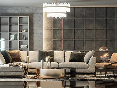 Modern Living Room Gray Sofa And Coffee Table Set With Chandelier And Bookshelf 3d model