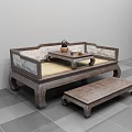 Traditional Wooden Arhat Daybed Interior With Carved Frame And Tea Table Setup