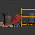 Durable Industrial Storage Equipment With Metal Drums Red Hand Truck And Yellow Racks