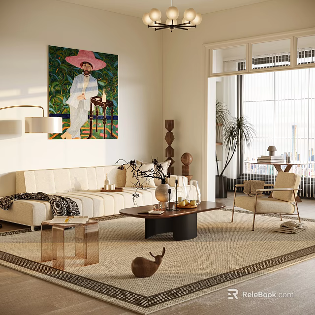 Modern Living Room Interior With Beige Sofa Large Artwork Coffee Table And Potted Plant 3d model 