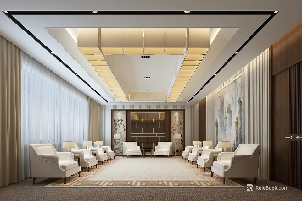Shower Sauna Waiting Area With Modern Design White Sofa Chairs Decorative Paintings And Ceiling Lighting 3d model 
