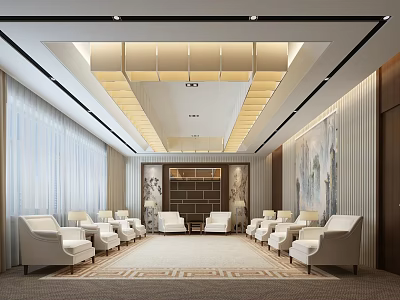 Shower Sauna Waiting Area With Modern Design White Sofa Chairs Decorative Paintings And Ceiling Lighting 3d model