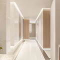 Hotel Corridor Interior Design With Wooden Accents Recessed Lighting Circular Decor And Plants At End