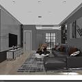 Modern Living and Dining Room Interior With Gray Sofa Orange Cushions and Wall Art