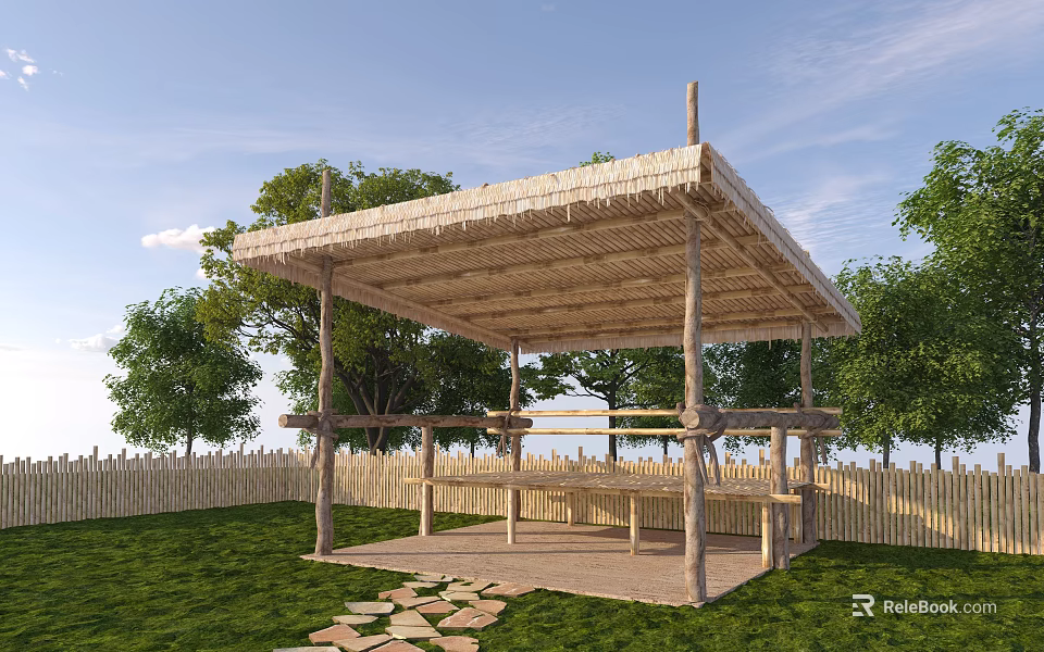 Charming Thatch Roof House Featuring Wooden Structure Grass Trees And Wooden Fence With Stone Path 3d model 