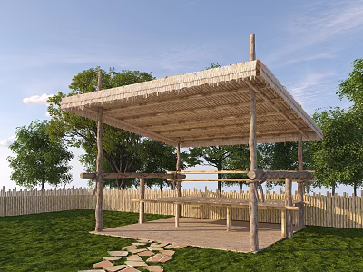 Charming Thatch Roof House Featuring Wooden Structure Grass Trees And Wooden Fence With Stone Path 3d model