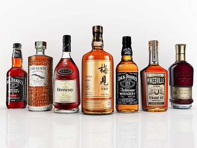 Various Whiskey Bottles From Different Brands Arranged On White Background 3d model