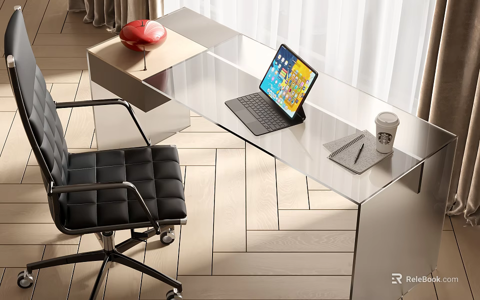 Modern Glass Desk With Laptop Coffee Cup And Black Office Chair By Window 3d model 