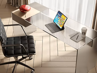 Modern Glass Desk With Laptop Coffee Cup And Black Office Chair By Window 3d model