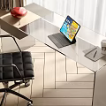 Modern Glass Desk With Laptop Coffee Cup And Black Office Chair By Window