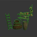 Rustic Household Supplies With Wooden Ladder Shelf Clay Pots And Wicker Baskets