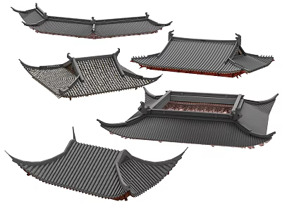 Traditional Chinese architectural roof components with tiled surfaces and curved eaves designs 3d model