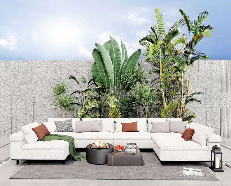 White Sectional Outdoor Sofa With Fire Pit Table And Lush Green Plants In Sunny Garden 3d model 