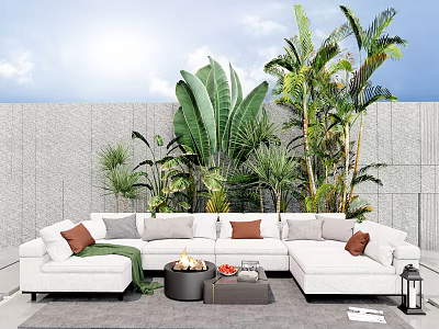 White Sectional Outdoor Sofa With Fire Pit Table And Lush Green Plants In Sunny Garden 3d model