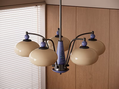 Chandelier with cream colored shades and blue accents above wooden wall with window blinds 3d model