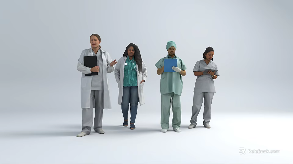 Group of Medical Professionals Standing Together in Uniforms Holding Clipboards 3d model 