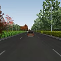 Municipal Road With Two Way Lanes Green Trees Shrubs And Car Driving Under Cloudy Sky