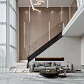 Modern Duplex Living Room Interior With Chandelier Fireplace And Art Mural