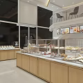 Modern Dessert Shop Interior Design With Glass Facade Spiral Staircase And Wooden Display Cases