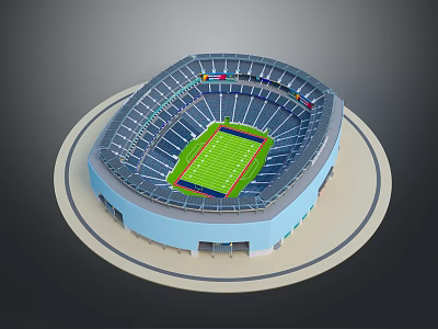 3D Rendering Of Modern Football Stadium With Green Field And Blue Seats 3d model