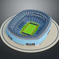 3D Rendering Of Modern Football Stadium With Green Field And Blue Seats
