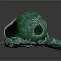 Green Cracked Stone Sphere With Scattered Broken Fragments On Surface