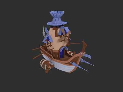 3D Sailing Boat Model With Wooden Hull And Blue Tower Decoration 3d model