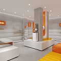 Modern Store Interior With Orange White Gray Decor Display Shelves Seating And Lighting