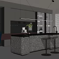 Modern Restaurant Kitchen Design With Patterned Bar Island Chrome Stools Dark Cabinets Pendant Lighting 3d model