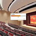 Spacious Conference Room With Tiered Red Seats And Stage And Red Backdrop Screen For Events